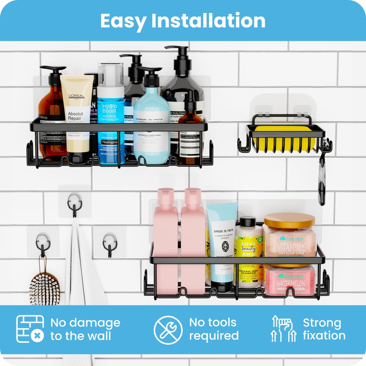 3 Pack, Adhesive Organizer with 20 Hooks, 3 Adhesive Hooks, Bathroom Furniture Sets, Stainless Steel,No Drilling,Easy Installation Shelf for Inside