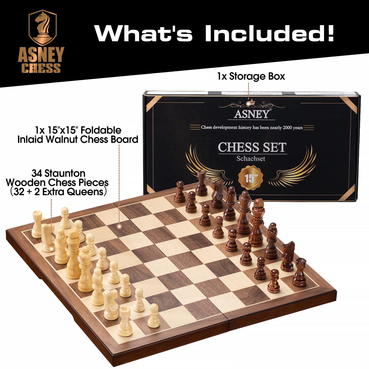 ASNEY Wooden Chess Set for Adults, 15" Folding Portable Travel Chess Board Game Set with Magnetic Closure for Kids Adults and Beginner with 2 Extra Queens