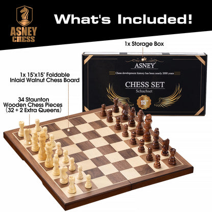 ASNEY Wooden Chess Set for Adults, 15" Folding Portable Travel Chess Board Game Set with Magnetic Closure for Kids Adults and Beginner with 2 Extra Queens