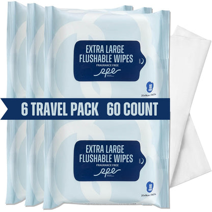 RPE Life Flushable Wet Wipes - 6 Portable Travel Size Packs (60 Ct) - Unscented Extra-Large Body & Hand Tissue with Vitamin E & Aloe - For Adults, Kids & Children - Perfect for On-the-Go & Outdoor Use