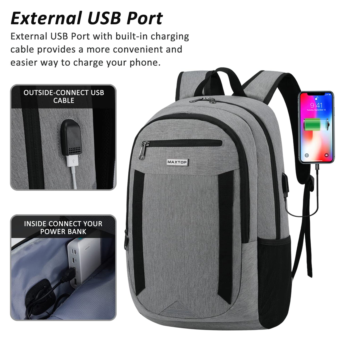 MAXTOP Travel Laptop Backpack Business Backpacks with USB Charging Port Water Resistant School College Bookbag