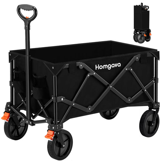 Collapsible Folding Wagon Cart with Brakes,Heavy Duty Garden Cart with All Terrain Wheels,Portable Large Capacity Utility Wagon Cart for Camping Fishing Sports Shopping,Black & Orange