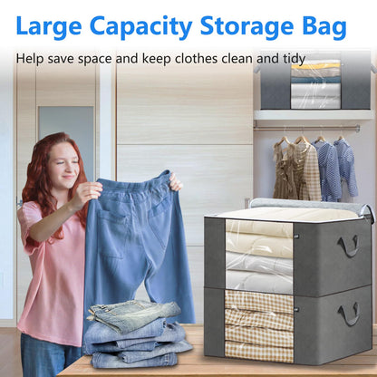 Large Storage Bags for Clothes, 4 Pack Foldable Blanket Clothing Storage Bags with Lids and Reinforced Handle, Storage Containers with Zipper for Organizing Bedroom, Closet, Comforter (90L, Grey)