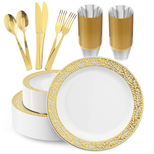 150 Count Gold Disposable Dinnerware Set for Parties