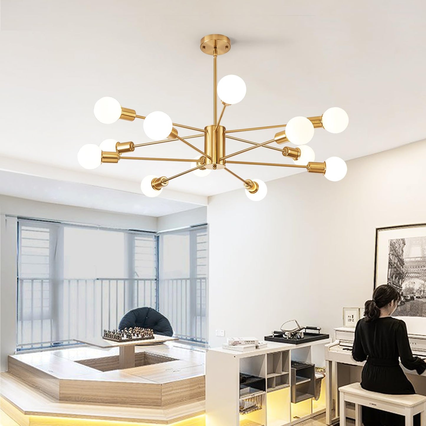 Gold Chandelier for High Ceilings, 12 Lights