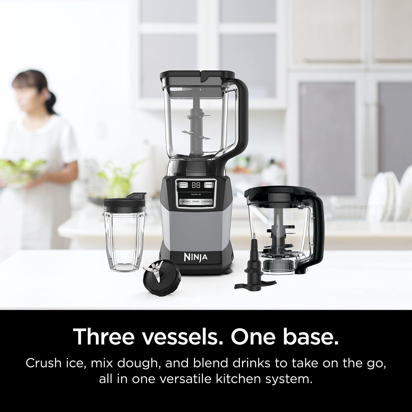 Ninja Blender, Compact Kitchen System, 1200W, 3 Functions for Smoothies, Dough & Frozen Drinks with Auto-IQ, 72-oz.* Blender Pitcher, 40-oz. Processor Bowl & 18-oz. Single-Serve Cup, Grey, AMZ493BRN