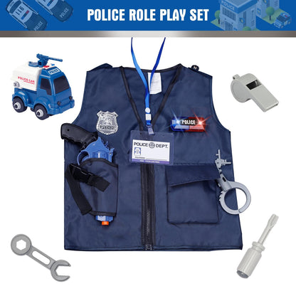 Lesheng space10 Pcs Police Officer Costume for Boys, Pretend Cop Uniform Outfit with Self-assembly police car, Policeman Role Play Dress Up for Halloween