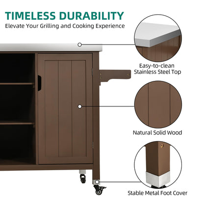 YITAHOME XL Solid Wood Grill Cart Outdoor Storage Cabinet Movable Patio Table with Stainless Steel Top, Spice Rack, and Side Handle, Outdoor Kitchen Island Bar Cart, Brown