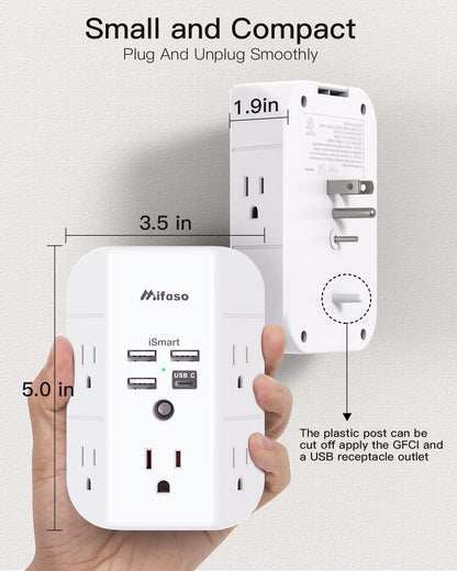 Wall Outlet Extender with Outlet Splitter Surge Protector USB Wall Charger with 5 Outlet Extender and 3 USB Ports, 1 USB C, 3-Sided Power Strip Multi Plug Outlets