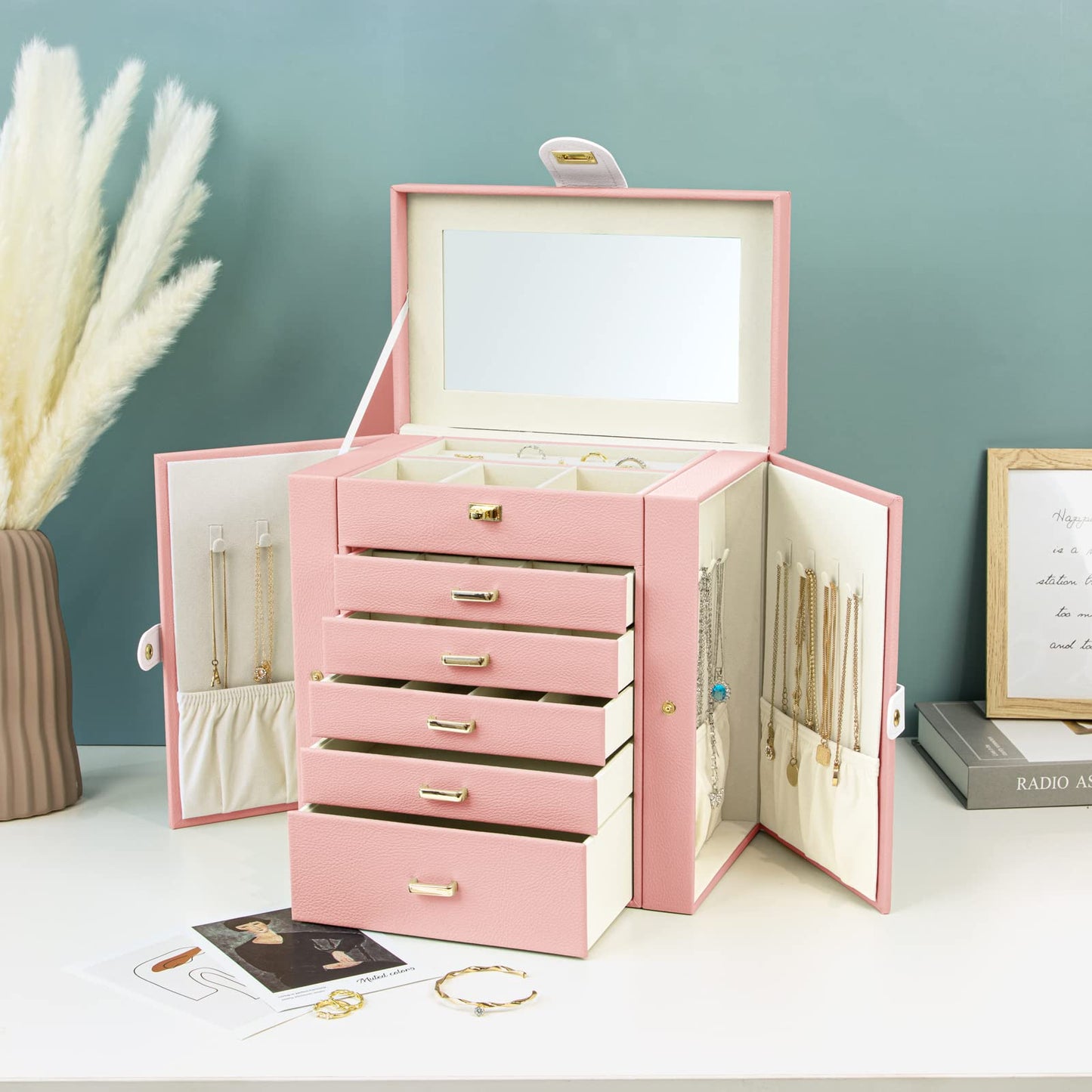 KAMIER Jewelry Box for Women, 6-Layer Large Jewelry Organizer Box with Mirror & 5 Drawers for Rings, Earrings, Necklaces, Bracelets,Pink