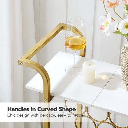 HOOBRO Gold Bar Cart for Home, 2-Tier Serving Cart with Lockable Wheels, Wine Cart with Wine Rack for Small Spaces, Rolling Wine Cart for Living Room, Party, Bar, White and Gold DW56TC01