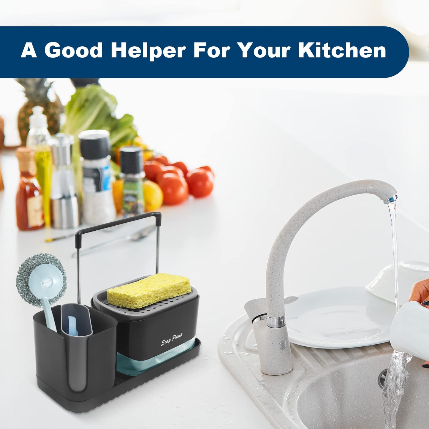 Soap Dispenser with Sponge Holder, SYOUACEND Dish Soap Dispenser and Caddy Set 4-in-1 Sponge Holder for Kitchen Sink Caddy Organizer Detachable Soap Pump Dispensing with Brush Holder