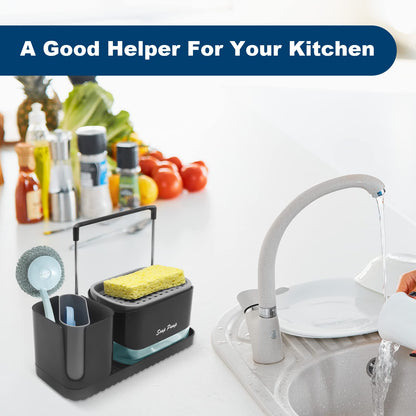 Soap Dispenser with Sponge Holder, SYOUACEND Dish Soap Dispenser and Caddy Set 4-in-1 Sponge Holder for Kitchen Sink Caddy Organizer Detachable Soap Pump Dispensing with Brush Holder