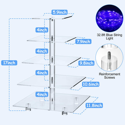 Antimbee 5 Tier Cupcake Stand, Clear Acrylic Cupcake Holder - Square Tower Display for Dessert Table + LED Light String, Cupcake Stand for Weddings/Birthday/Anniversary/Dating/Party Events