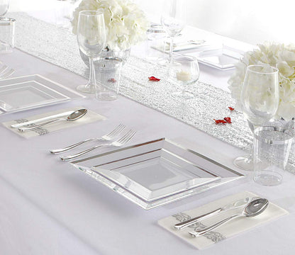I00000 175PCS Silver Plastic Plates, Disposable Silverware, Napkins & Cups, Silver Square Dinnerware Include 25 Dinner Plates, 25 Salad Plates,25 Forks,25 Knives,25 Spoons,25 Tumblers, 25 Guest Towels