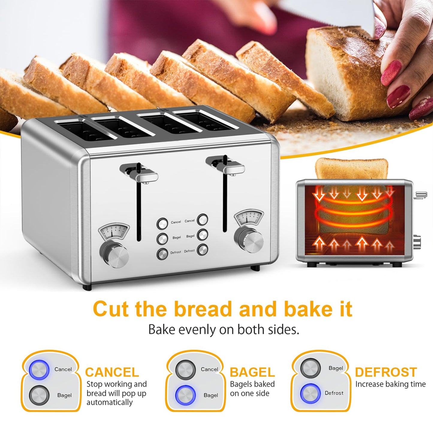 WHALL Toaster Stainless Steel, 6 Bread Shade Settings, Bagel/Defrost/Cancel Function, 1.5in Wide Slot, High Lift Lever, Removable Crumb Tray, for Various Bread Types(silver)