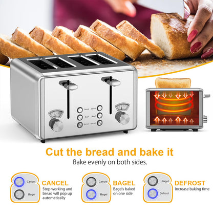 WHALL Toaster Stainless Steel, 6 Bread Shade Settings, Bagel/Defrost/Cancel Function, 1.5in Wide Slot, High Lift Lever, Removable Crumb Tray, for Various Bread Types(silver)