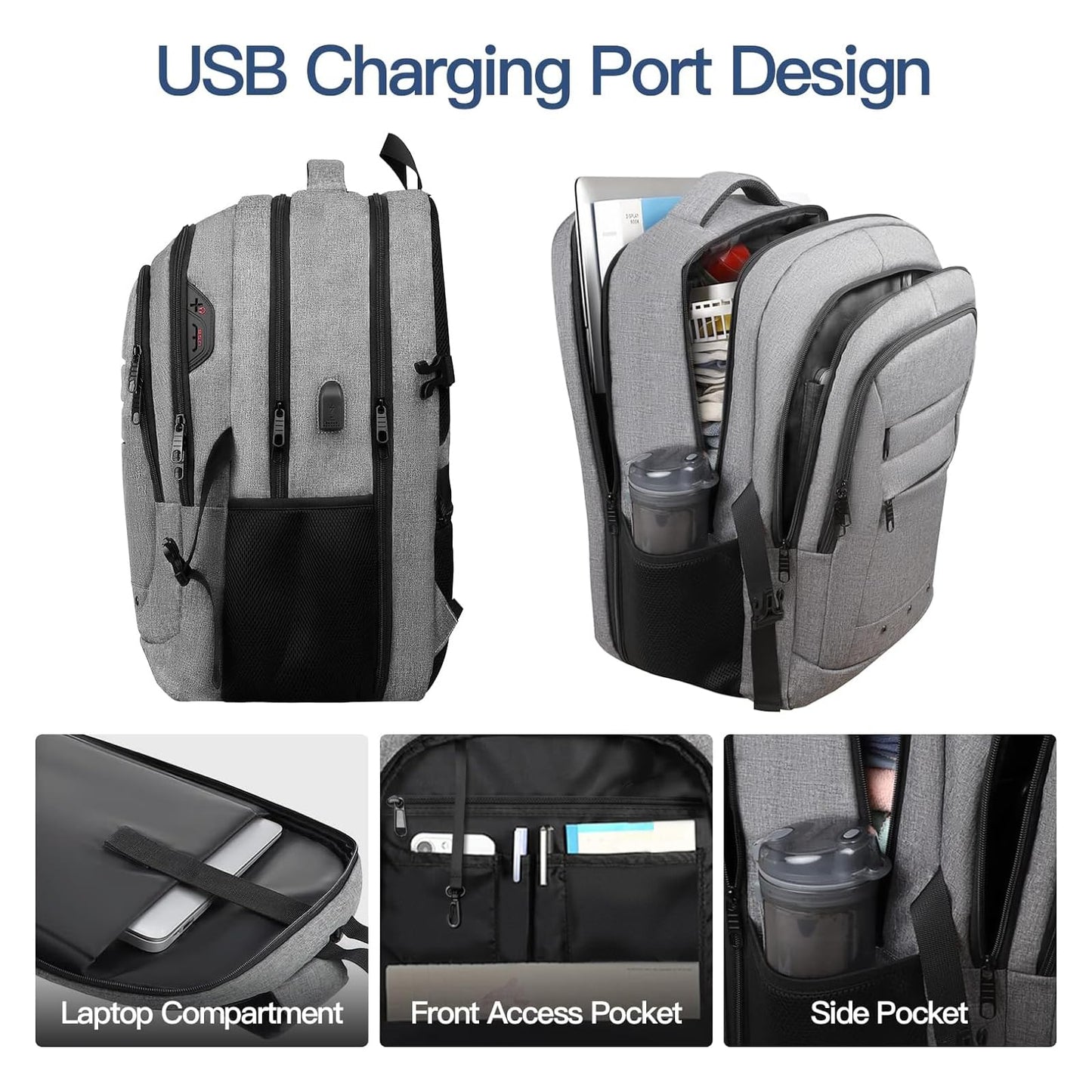 Large Backpack for Women, Travel Backpack with USB Port, Big 17 inch Laptop Backpacks TSA Business Computer Work Bag Water Resistant College School Backpack Flight Approved, Gifts for Men Women, Grey