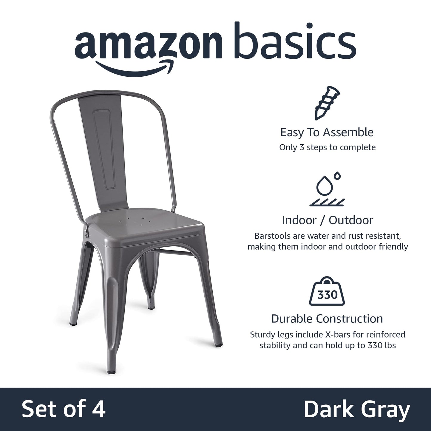 Amazon Basics Dark Grey Metal Dining Chairs, 4 Pack