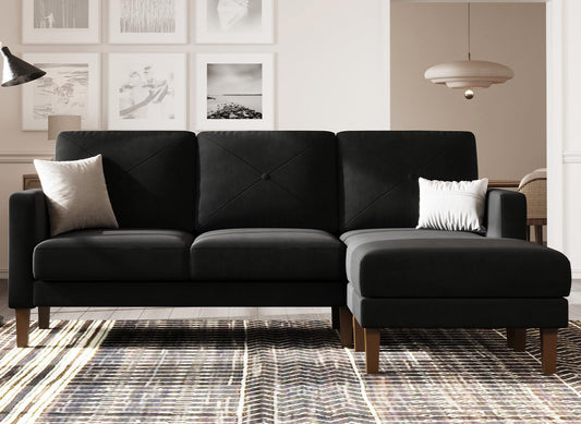 Belffin Velvet Convertible Sectional Sofa with Chaise Small L Shaped Couch with Reversible Chaise 3-Seater Sofa Sectional Set for Small Space Black