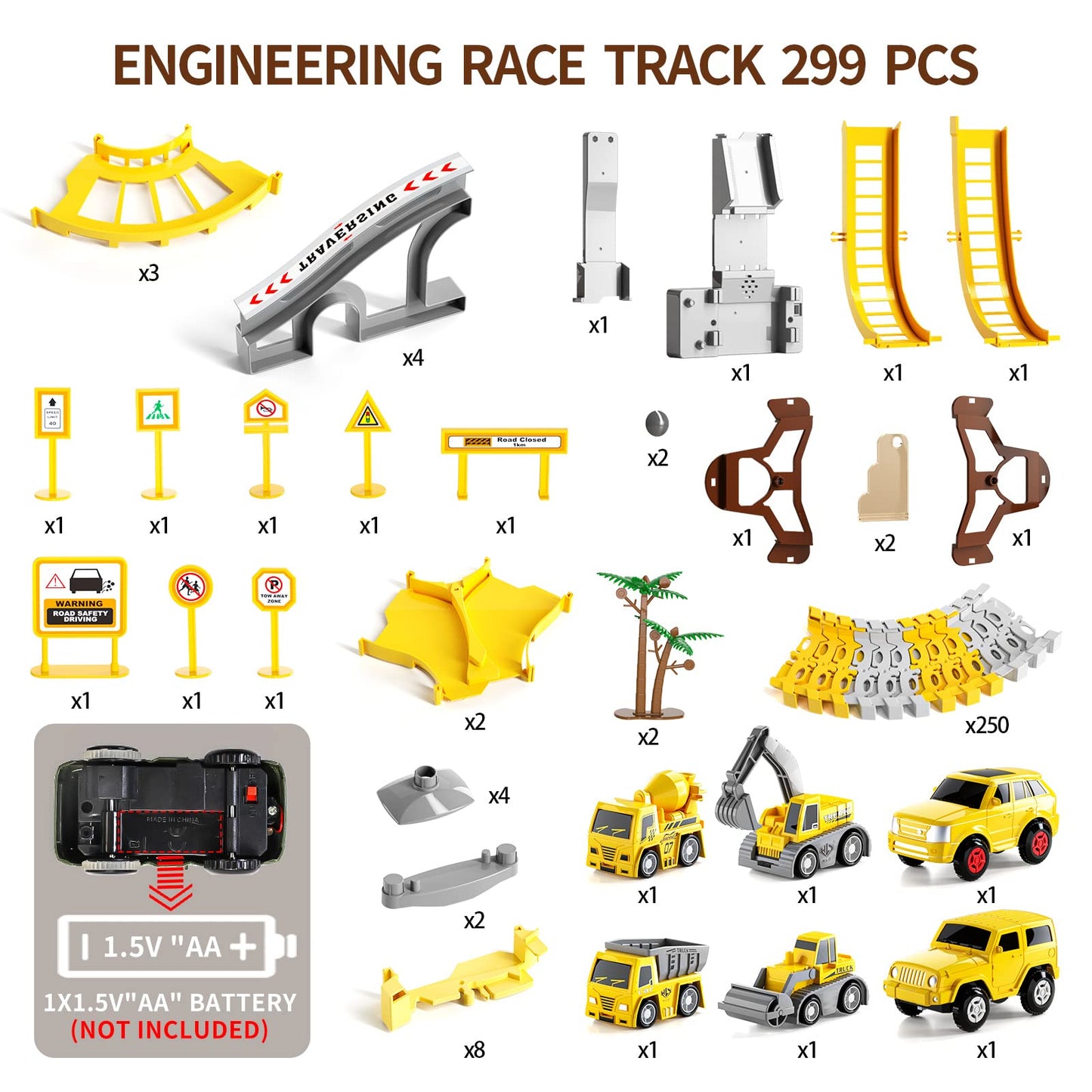 KuKuFun Race Tracks Toys Gifts for 2 3 4 5 Year Old Boys Kids, 299 PCS Construction Race Tracks Boys Toys, 6 PCS Engineering Cars Create A Engineering Road, 2 3 4 5 Year Old Boys Toys Birthday Gifts