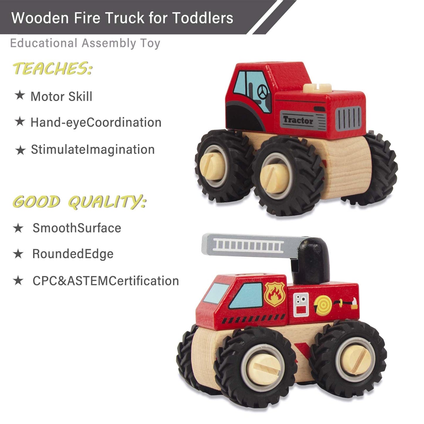 2 Pcs Wooden Construction Vehicles for Toddlers
