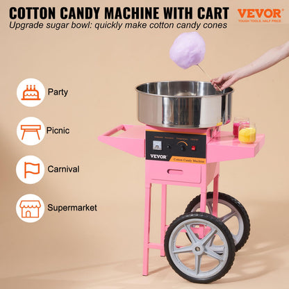 VEVOR Electric Cotton Candy Machine Cart, 1000W Commercial Floss Maker w/Stainless Steel Bowl, Sugar Scoop and Drawer, Perfect for Home, Carnival, Kids Birthday, Family Party, Pink