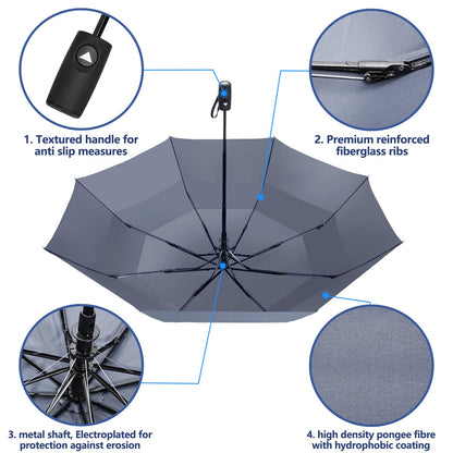 VELLUXE Portable Large Umbrella for Rain, Vented Windproof Double Umbrella, Foldable Golf Umbrella, Compact Travel Umbrella, Automatic Umbrella for adults, Grey Umbrella