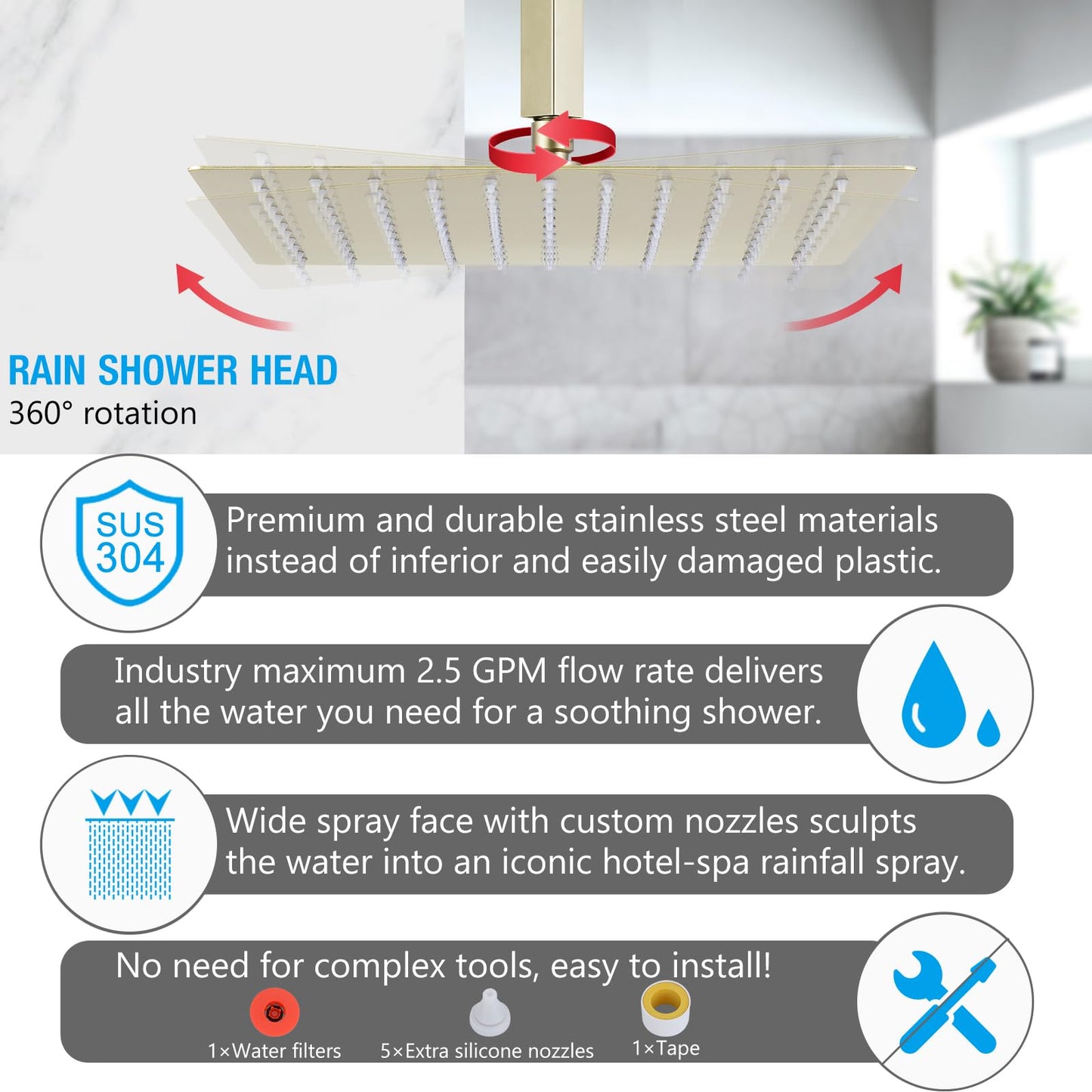 Gold 10 Inch Rain Shower Head - High Pressure