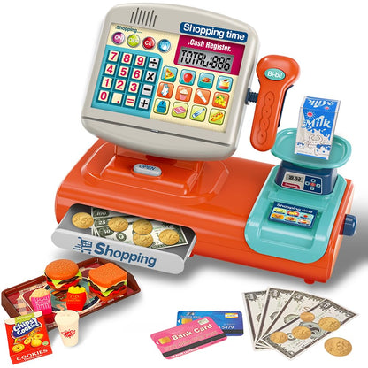 XINGYING Toy Cash Register for Kids, Pretend Play Store w/ Sounds & Real Calculator & Simulate Weighter, Kids Cash Register with Scanner and Credit Card Play Food Money for Boys Girls Ages 3 4 5 6 7+