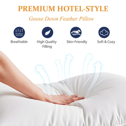 Goose Down Feather Pillows Standard Size Set of 2 Pack (20x26in) White Breathable Fluffy Hotel Collection Bed Pillows for Sleeping Medium Firm Support for Back Stomach or Side Sleepers