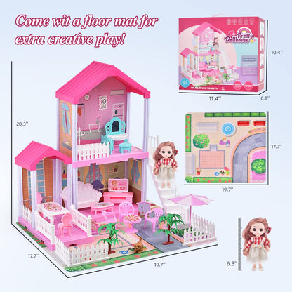 Dreamhouse Doll House for Girls, Fully Furnished Fashion Dollhouse w/Lights, Play Mat and Upgraded Doll, Numerous Doll Houses Furniture & Accessories, DIY Dollhouse Kit Gift Toy for Kids 3 4 5 6 7 8+