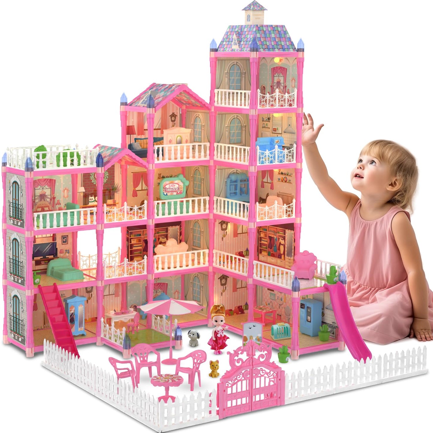 JoyZin 374Pcs Doll House for Girls, 15 Rooms Princess Playhouse with Lights, Dolls, Furniture, Accessories, Pretend Play Dream House Toys for 3 4 5 6 7 8 9 10 Years Old Kids Toddlers Gifts