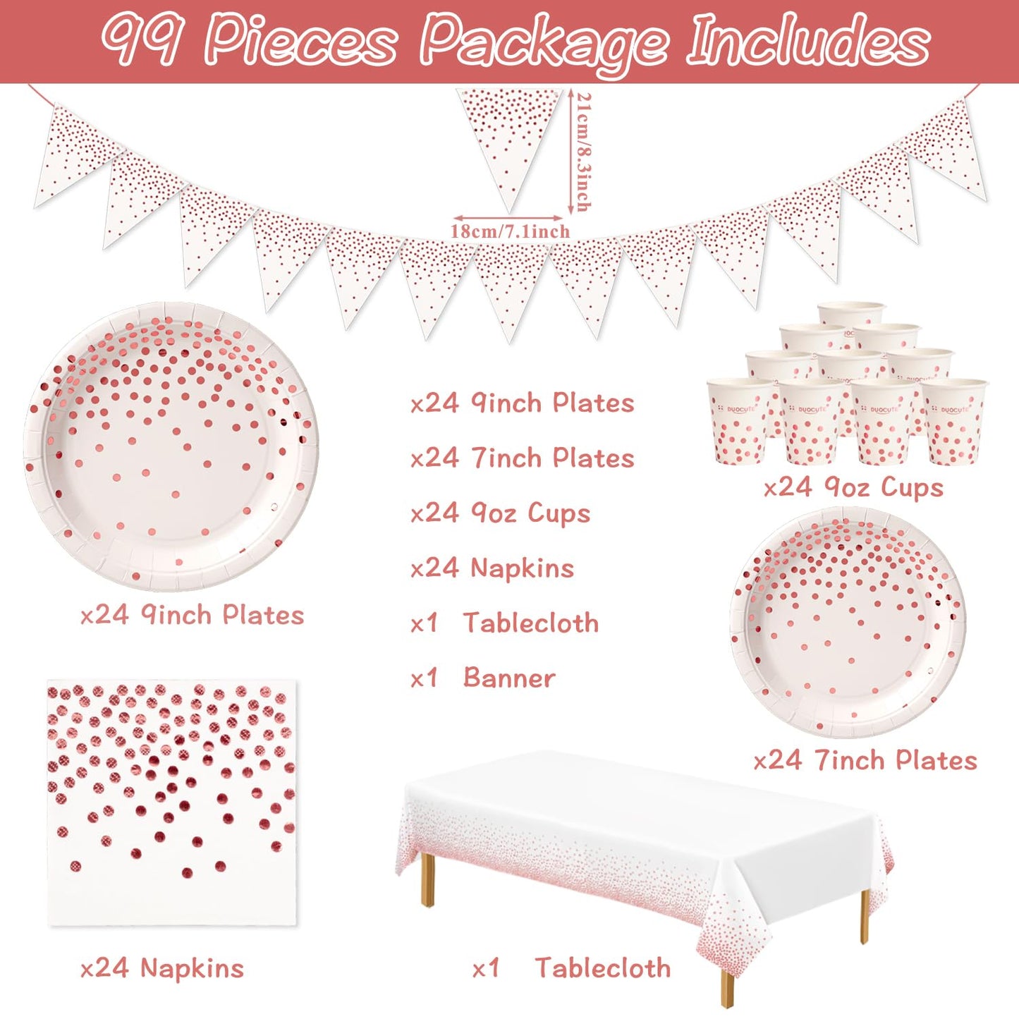 White and Rose Gold Party Supplies for 24