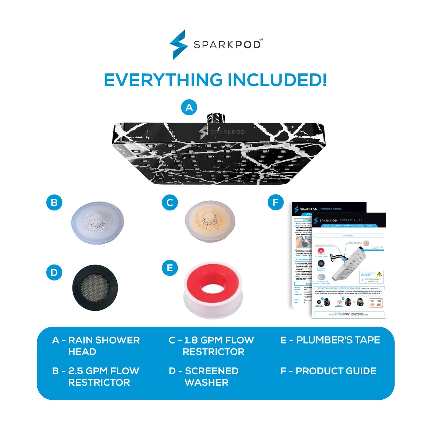 SparkPod Shower Head - High Pressure Rain - Premium Quality Luxury Design - 1-Min Install - Easy Clean Adjustable Replacement for Your Bathroom Shower Heads (8" Square, Black Marble)