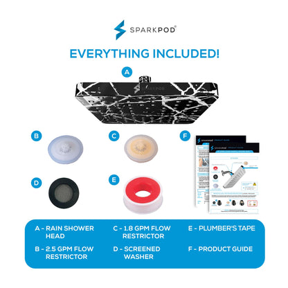 SparkPod Shower Head - High Pressure Rain - Premium Quality Luxury Design - 1-Min Install - Easy Clean Adjustable Replacement for Your Bathroom Shower Heads (8" Square, Black Marble)