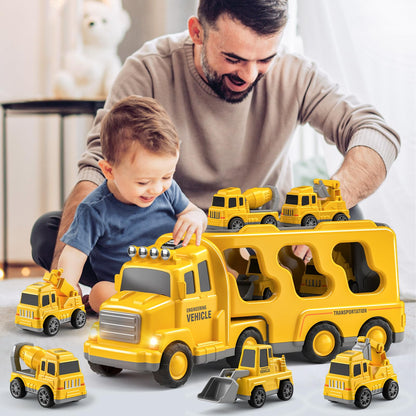 GoAnnieGo Construction Truck Toys Cars for Toddlers 3-5 - 5-in-1 Friction Power Vehicle Toy 3 4 5 6 Year Old Boys, Cranes Bulldozers Transport Trucks, Christmas Birthday Gift for Age 3-9 Boys & Girls