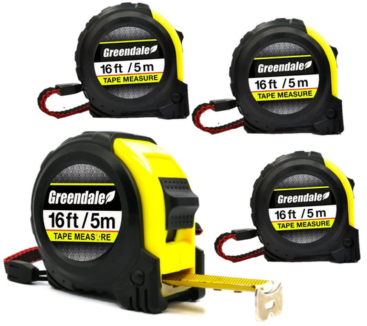 Greendale - 4 Pack of 16ft Tape Measures - Retractable, Auto Lock, Metric and Imperial (feet and centimeters), Tough Outer Shell Protection