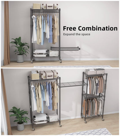 Portable Rolling Garment Rack with Adjustable Shelves