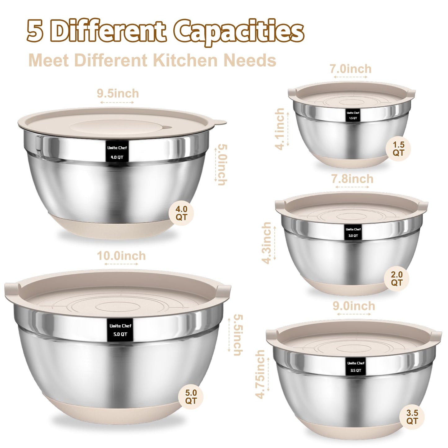 Umite Chef Mixing Bowls with Airtight Lids Set, 8PCS Stainless Steel Khaki Nesting Bowls with Grater Attachments, Kitchen Bowls with Non-Slip Bottoms, Size 5, 4, 3.5, 2, 1.5QT for Mixing & Serving