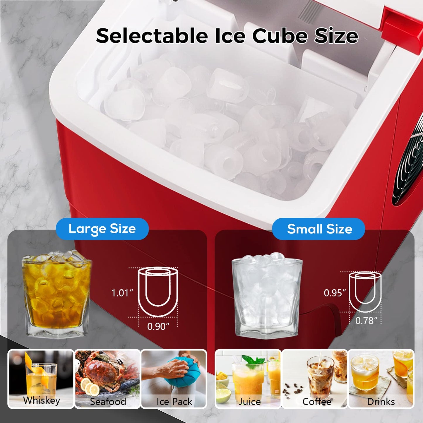 AGLUCKY Ice Makers Countertop with Self-Cleaning, 26.5lbs/24hrs, 9 Cubes Ready in 6~8Mins, Portable Ice Machine with 2 Sizes Bullet Ice/Ice Scoop/Basket for Home/Kitchen/Office/Bar/Party, Red