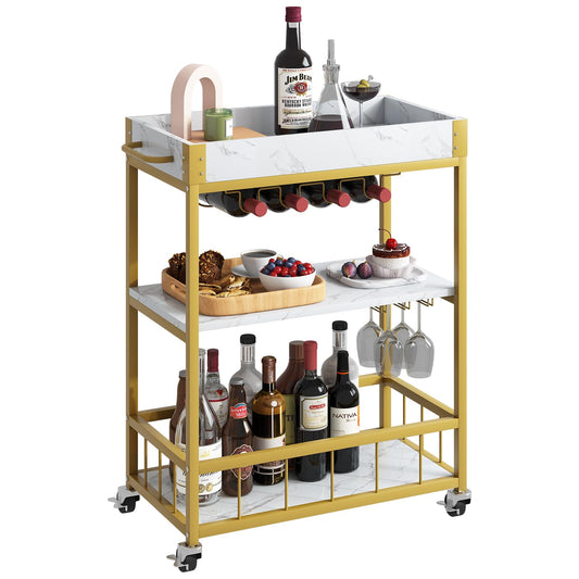 aboxoo Bar Cart White Marble 3 Tiers Removable Storage Tray with Wine Rack & Wine Glasses Holder,Rolling Beverage Mobile Bar Serving Cart with Handle Wood and Gold Steels Home Kitchen Shelf for Party