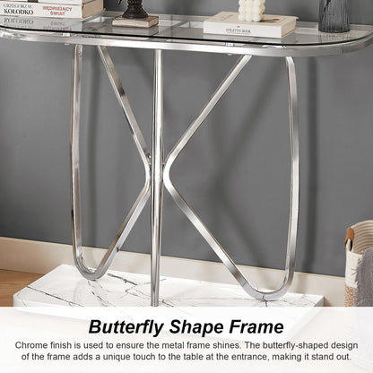 HOMISSUE Console Table, Modern Console Table with Tempered Glass Top and Chrome Frame, Glass Entryway Table with Marbling MDF Base, Chrome Console Table for Entryway, Hallway, Living Room (Silver)