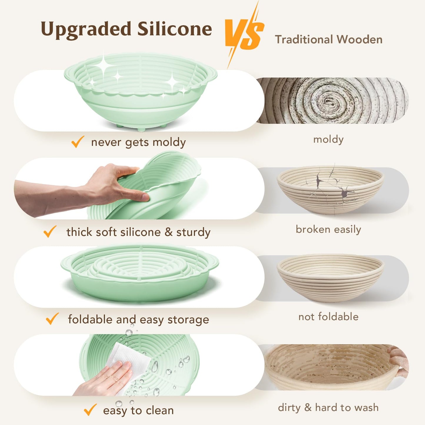 Silicone Bread Basket, 9 Inch Round proofing baskets for sourdough bread baking, Foldable Silicone Proofing Basket for Easy to Clean and Store