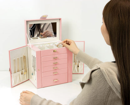 KAMIER Jewelry Box for Women, 6-Layer Large Jewelry Organizer Box with Mirror & 5 Drawers for Rings, Earrings, Necklaces, Bracelets,Pink