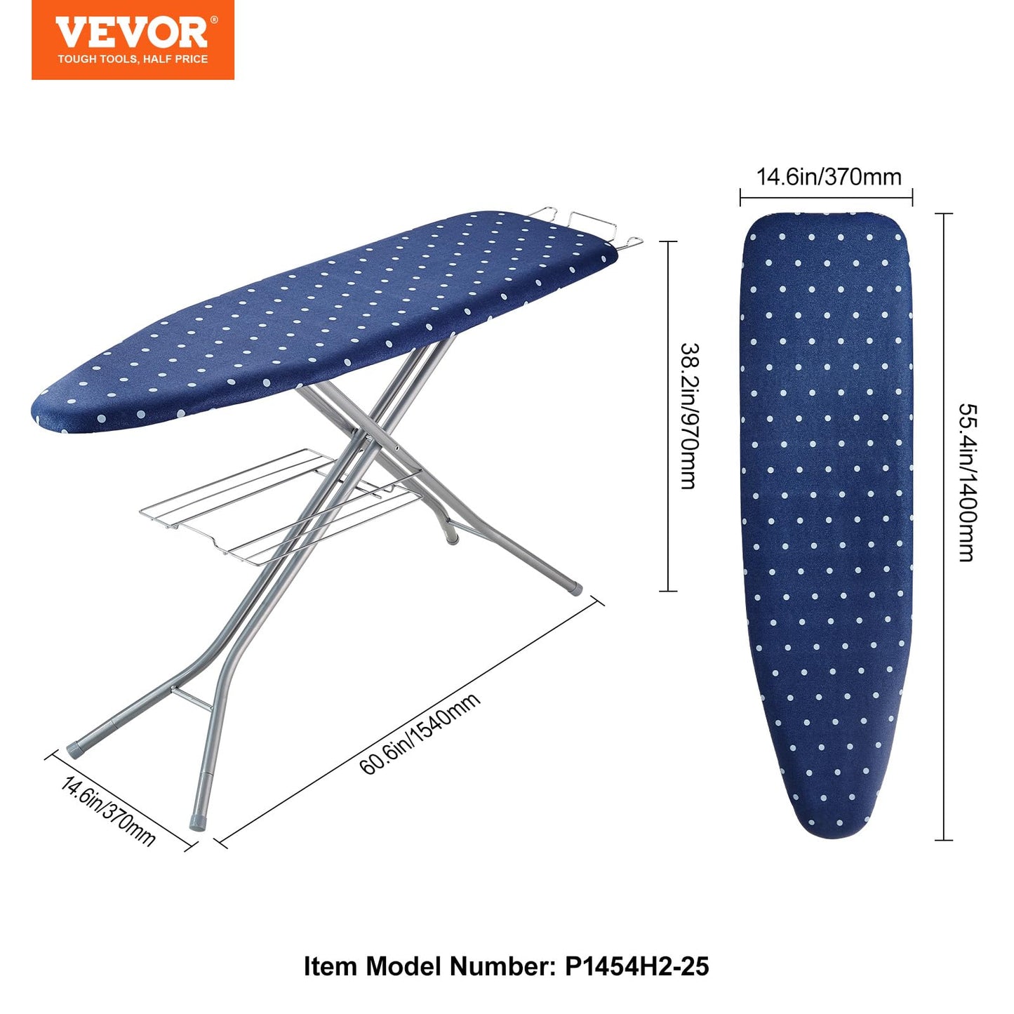 VEVOR Ironing Board with Bottom Storage Tray, Thickened 4 Layers Iron Board with Heat Resistant Cover and 100% Cotton Cover, 10 Adjustable Heights Ironing Board for Home Laundry Room Use (Size 55x15)