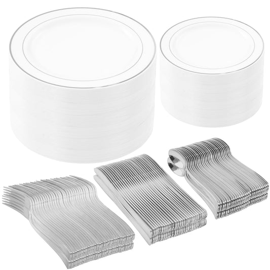 DaYammi 250pcs Silver Plastic Dinnerware Set