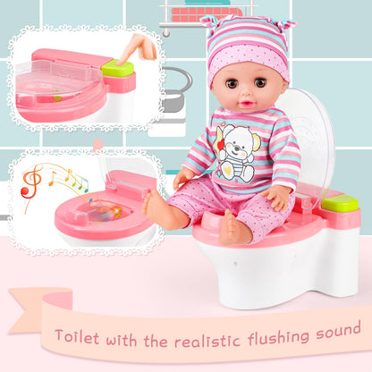 deAO 12 Inch Baby Doll Set 26 PCS Doll Playset with Bathroom Sink,Toilet,Bathtub and Accessories,Pretend Play Doll Toys with Sound and Light for 3 4 5 6 7 8 Years Old Kids Girls Boys