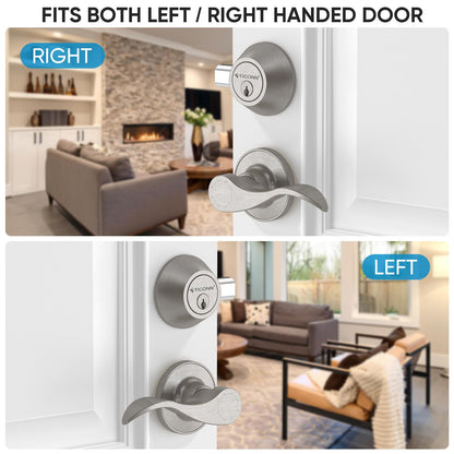 TICONN Silver Door Handles, Traditional Wave Style Silver Reversible Door Lever for Interior Doors and Closet (Deadbolt with Passage Lever, 2-Pack)