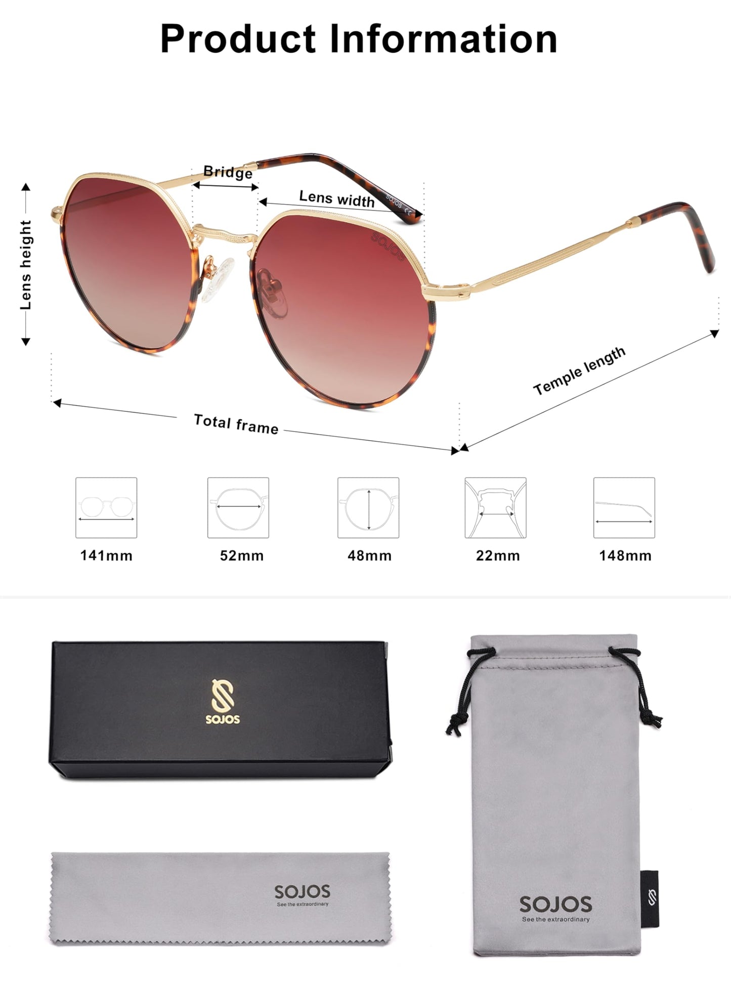 SOJOS Round Polygon Polarized Sunglasses for Women Men Retro Classic Vintage Panto Shades SJ1157